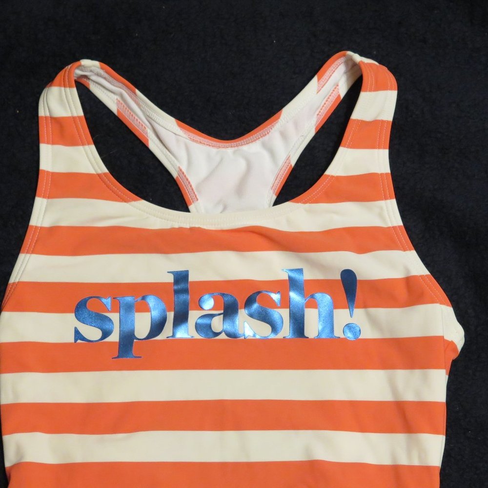 Boden Kids One-Piece Swimsuit Orange and White Stripes with Blue 'splash!'